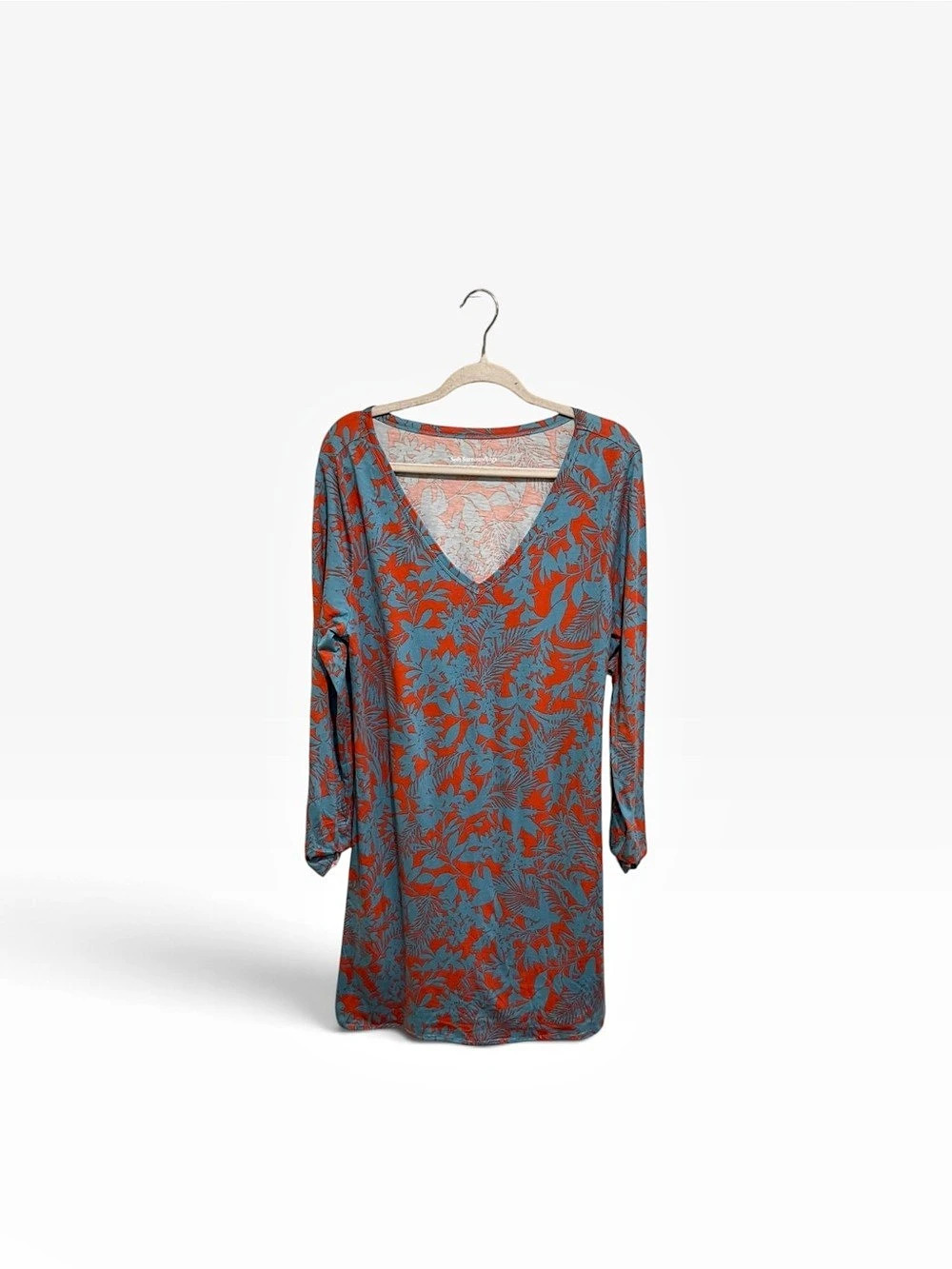 Soft Surroundings Floral Long Sleeve Midi Dress Blue & Red Large Like New